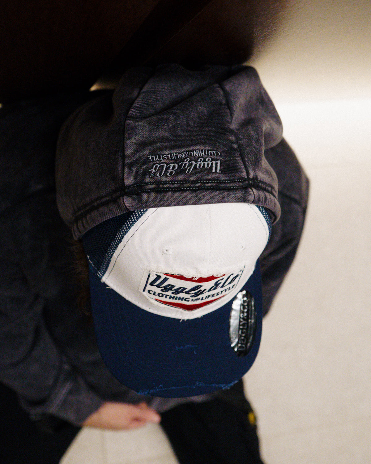 Uggly & Co Navy Blue & White Diamond Trucker Hat top view