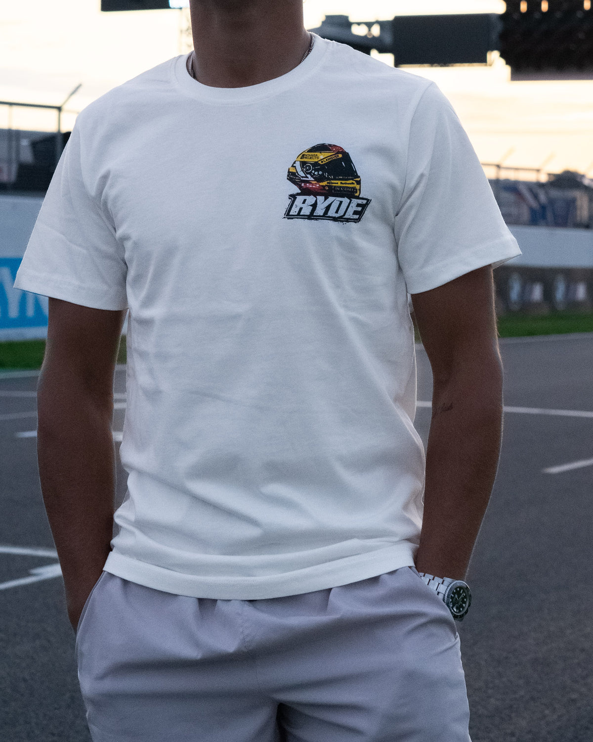 Chest detail of White Kyle Ryde 'Back to Back' T-Shirt