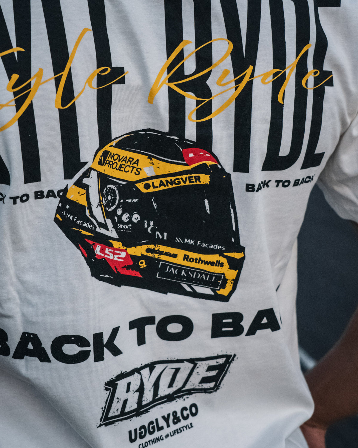 Kyle Ryde 'Back to Back' graphic detail on white T-Shirt
