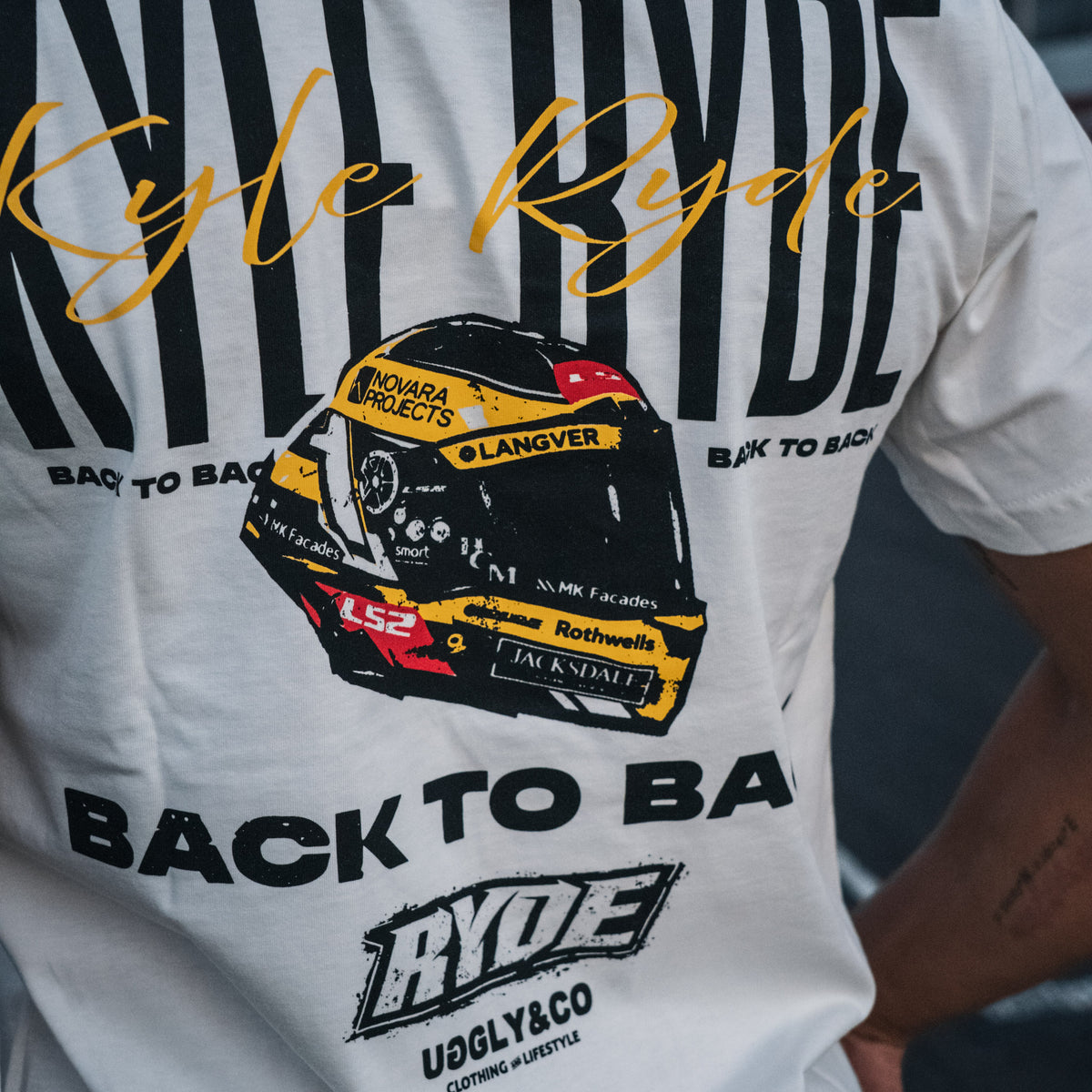 Kyle Ryde 'Back to Back' graphic detail on white T-Shirt