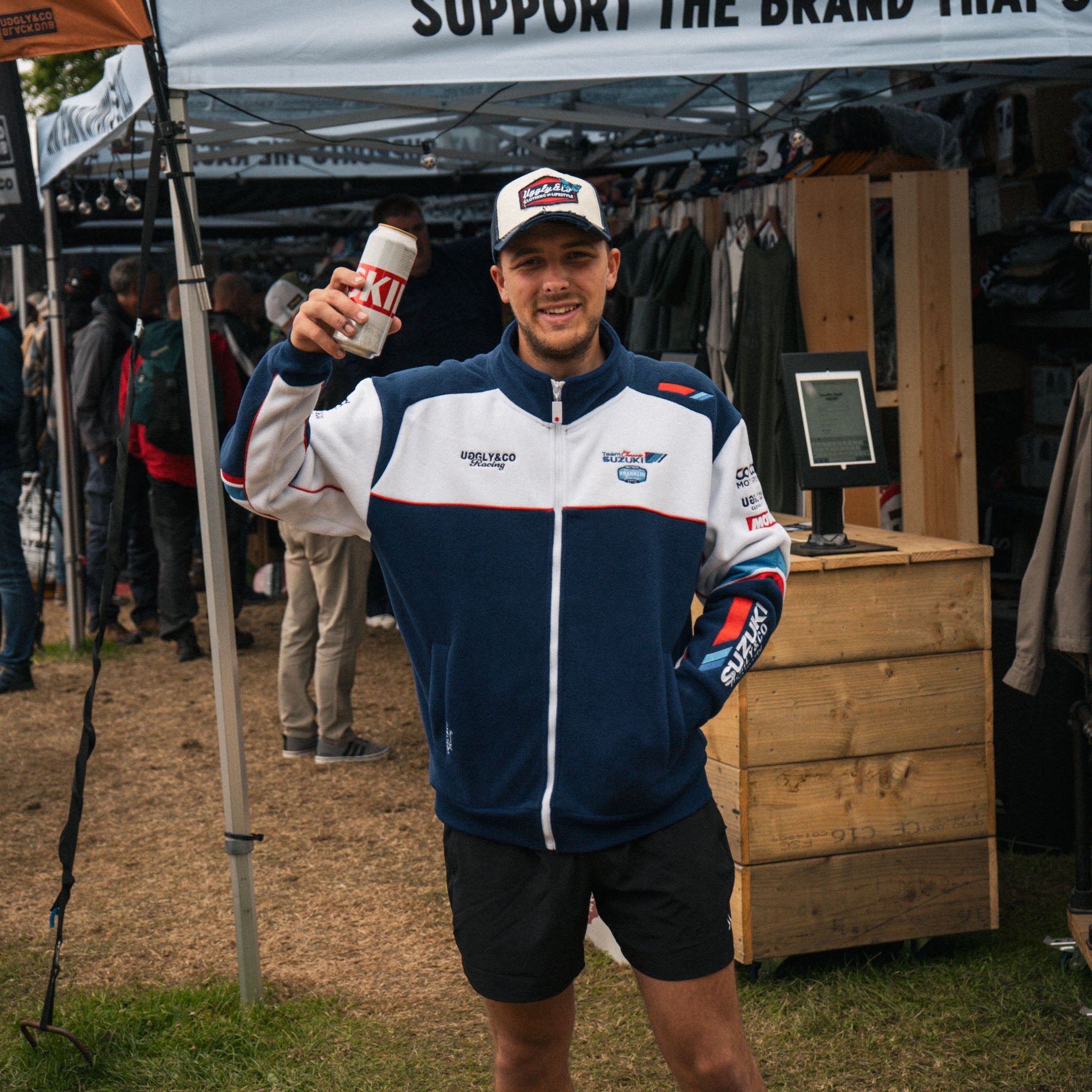 motorsport fan wearing team classic Suzuki fleece 