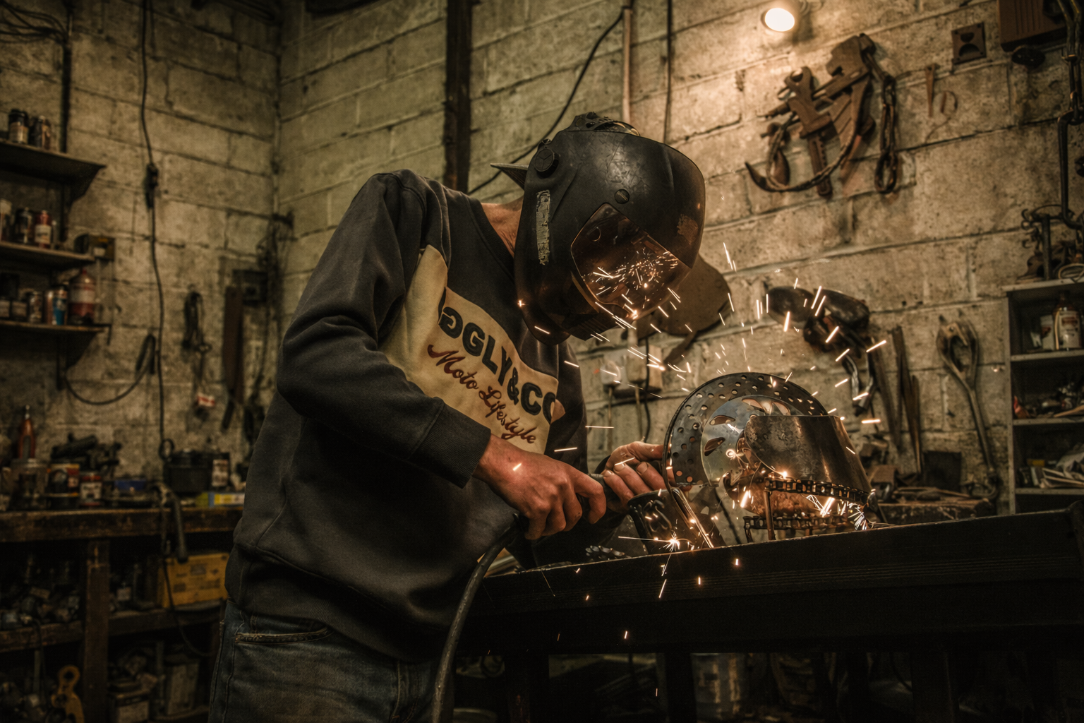 A man wearing an Uggly&Co long sleeve t-shirt while working in a garage
