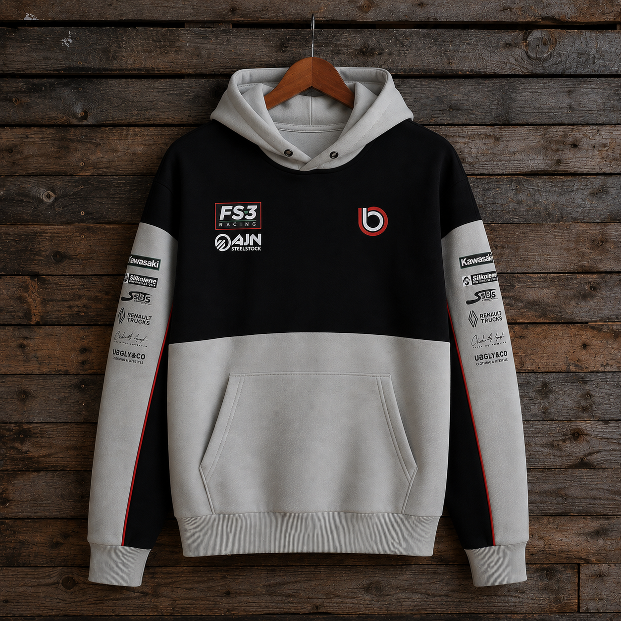 Front view of the Bimota FS3 Racing hoodie in black and grey with team sponsor detailing