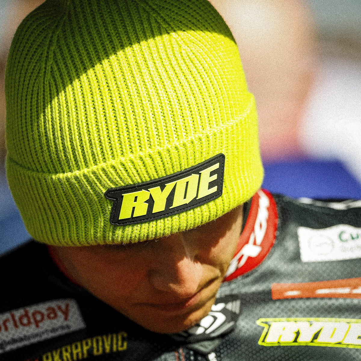 Kyle Ryde on bsb grid in leathers and beanie