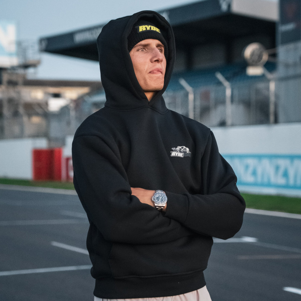 Kyle Ryde at Donington Park wearing black uggly and co hoodie
