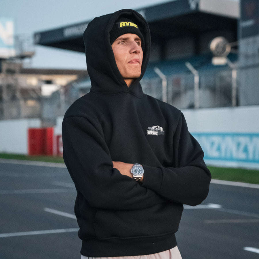 Kyle Ryde at Donington Park wearing black uggly and co hoodie