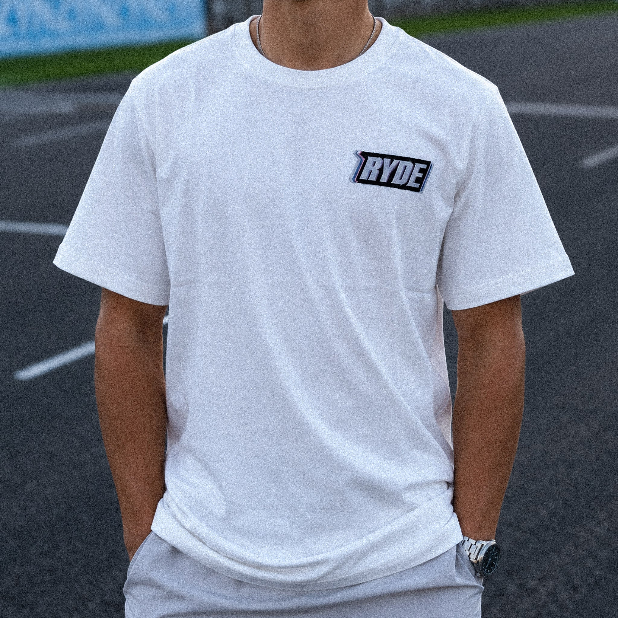 close up of logo on Kyle Ryde glitch t shirt at Donington Park 