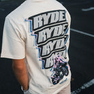 close up detail of glitch graphic tee worn by Kyle Ryde at Donington Park