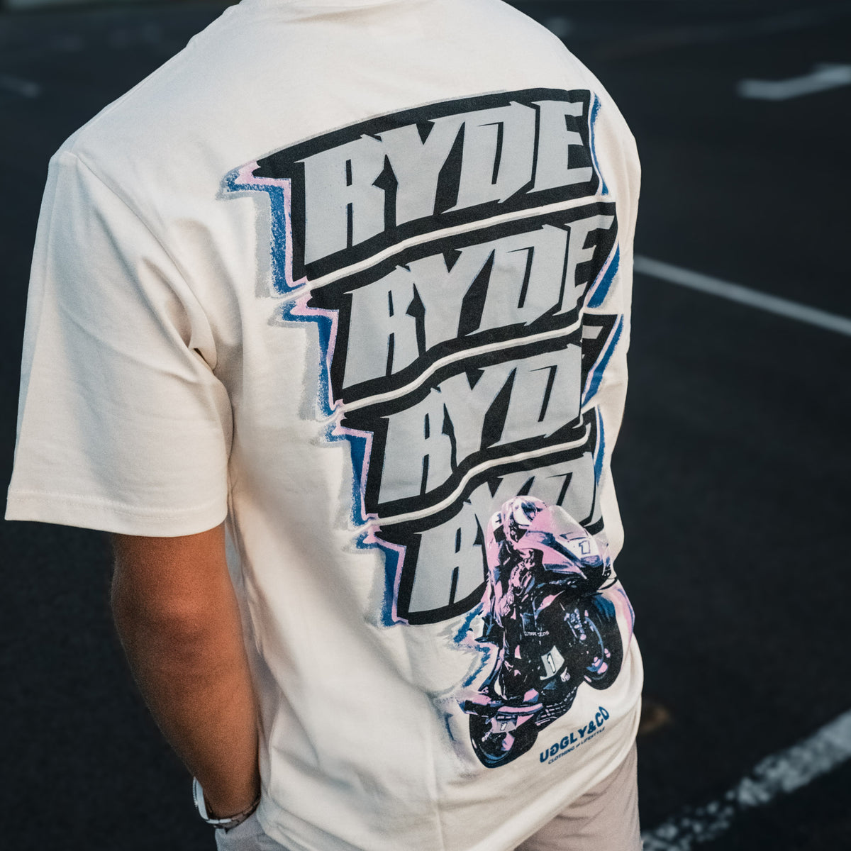 close up detail of glitch graphic tee worn by Kyle Ryde at Donington Park