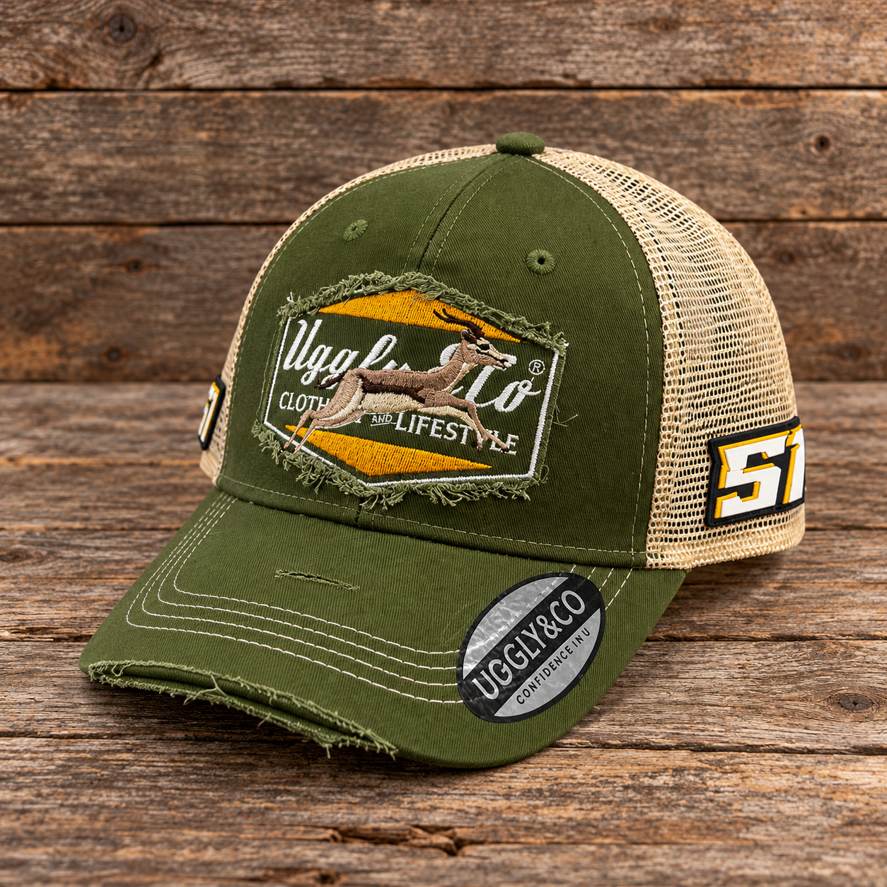An olive green and beige trucker hat with a distressed front patch reading 'Uggly Co' and a springbok South Africa graphic, displayed on a rustic wooden surface.