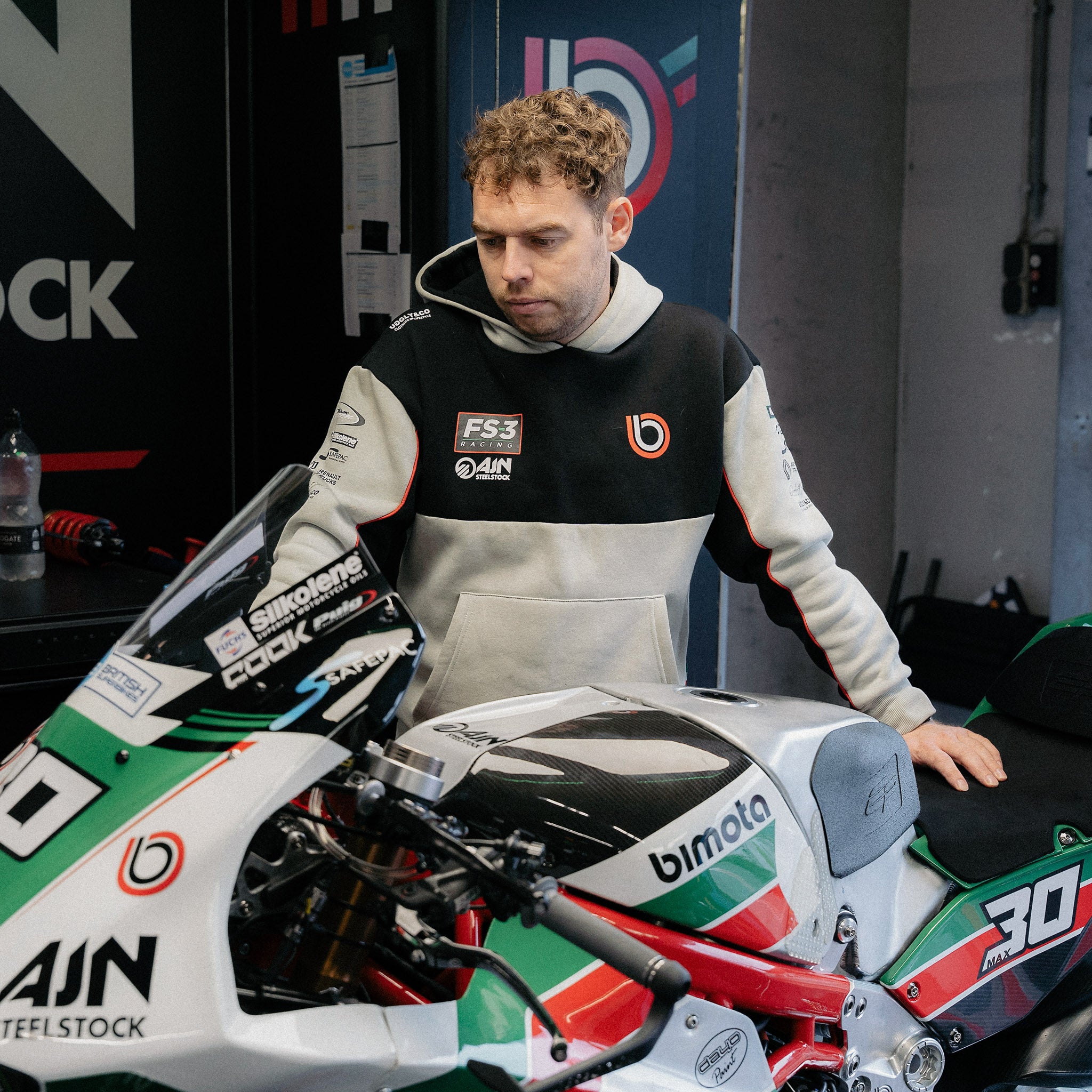 Bimota FS-3 British Superbike team hoodie worn on the race grid