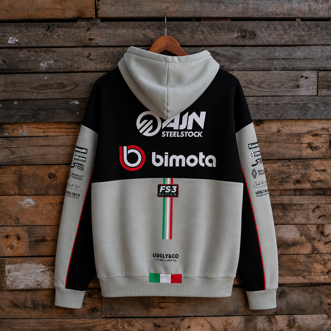 Bimota Motorcycles Hoodie with branding on a wooden background