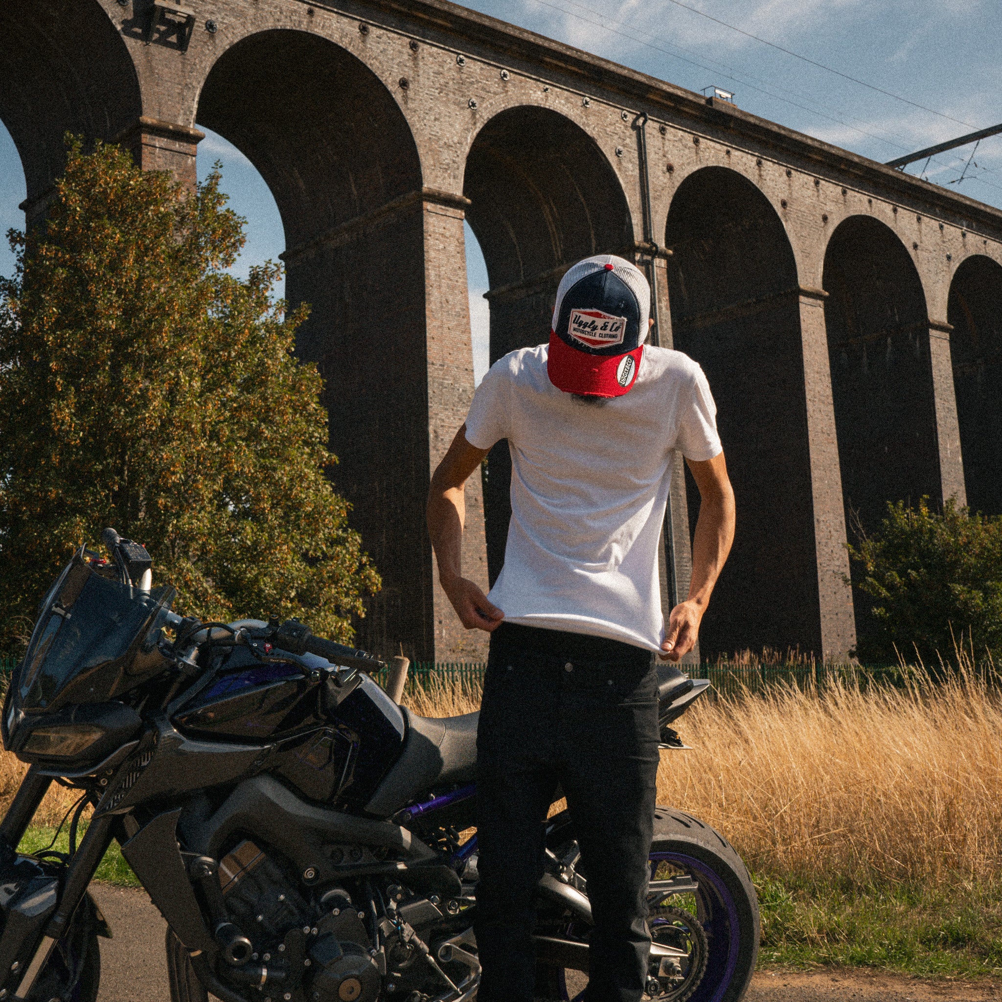 Biker model wearing the Blue and Red Diamond Hat