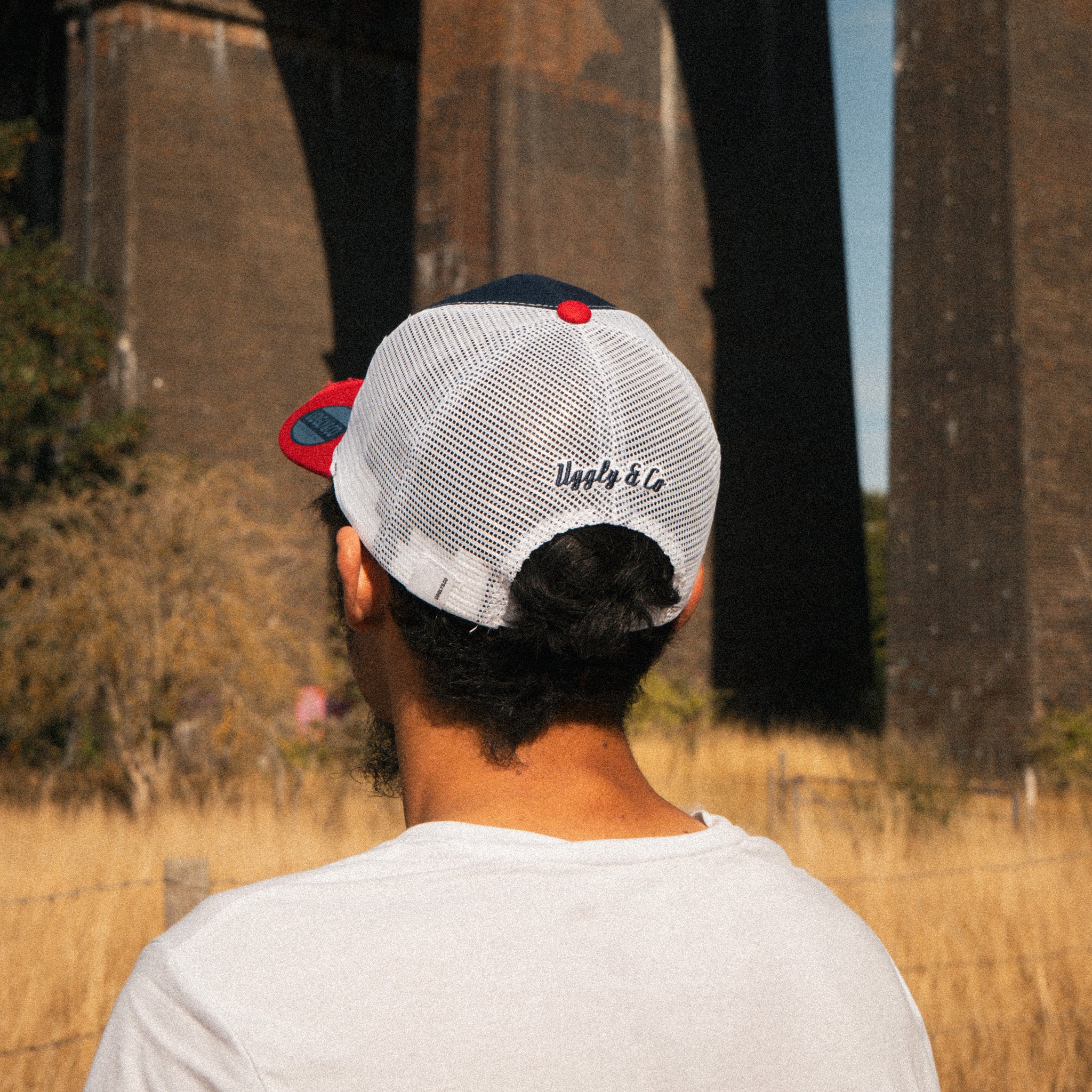 Close up detail of the Blue and Red Diamond Trucker Hat