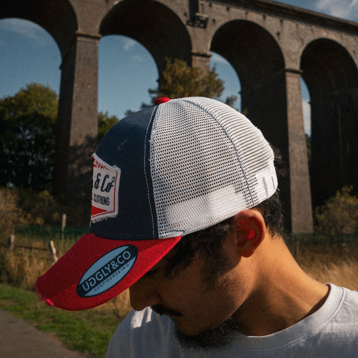 Side view of the Blue and Red Diamond Trucker Hat