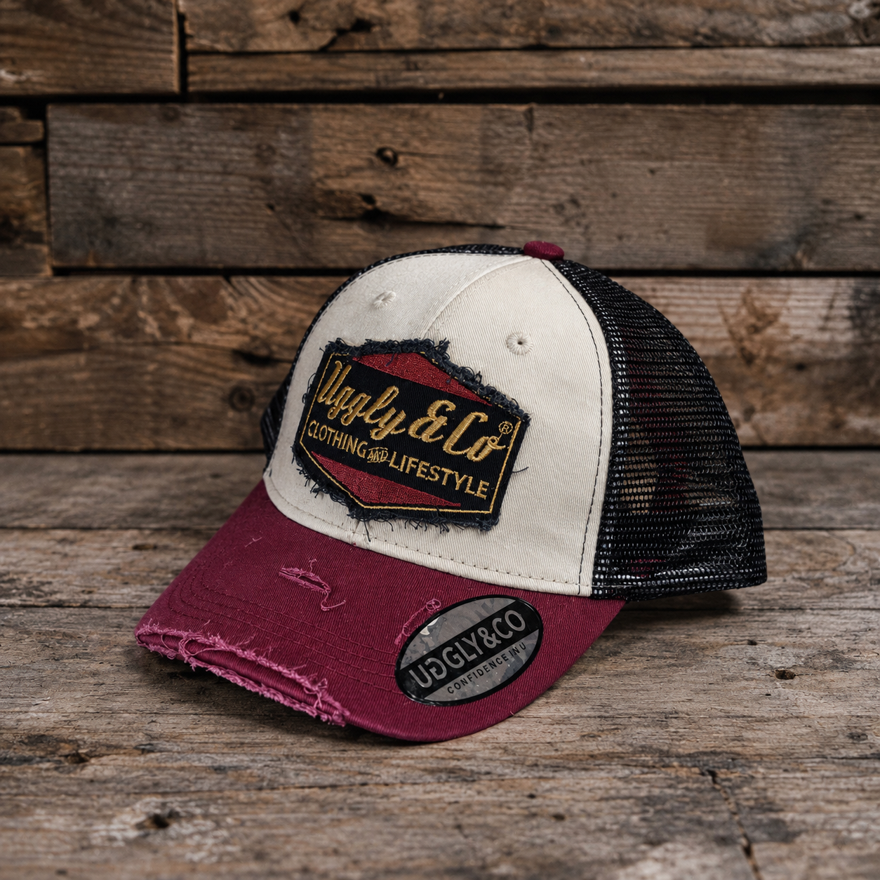 Burgundy, beige and gold Diamond trucker cap by Uggly & Co, front view with curved peak