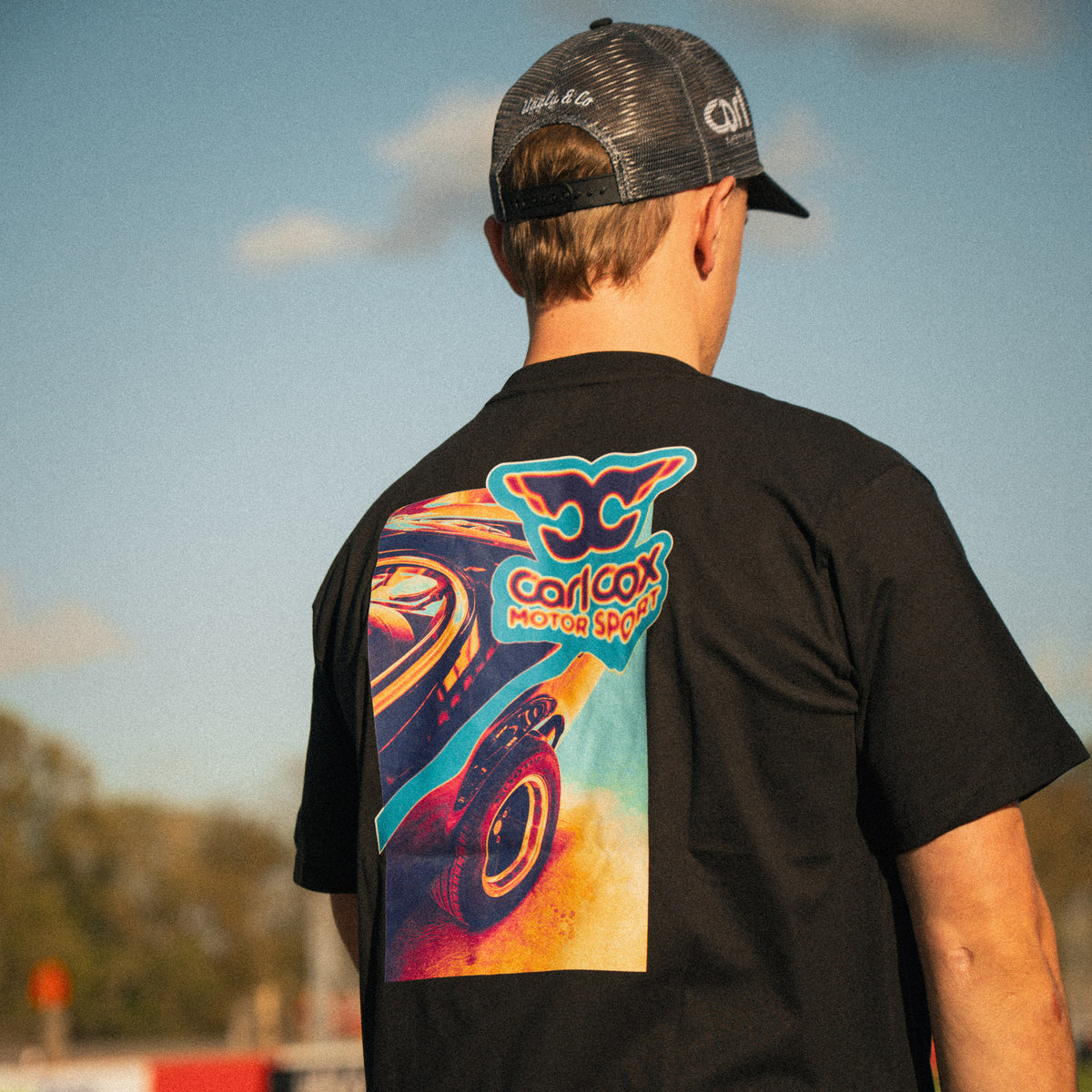 Back view of the Carl Cox Motorsport Neon Street Drive T-Shirt, showcasing racing inspired graphics from the Carl Cox Motorsport clothing collection.