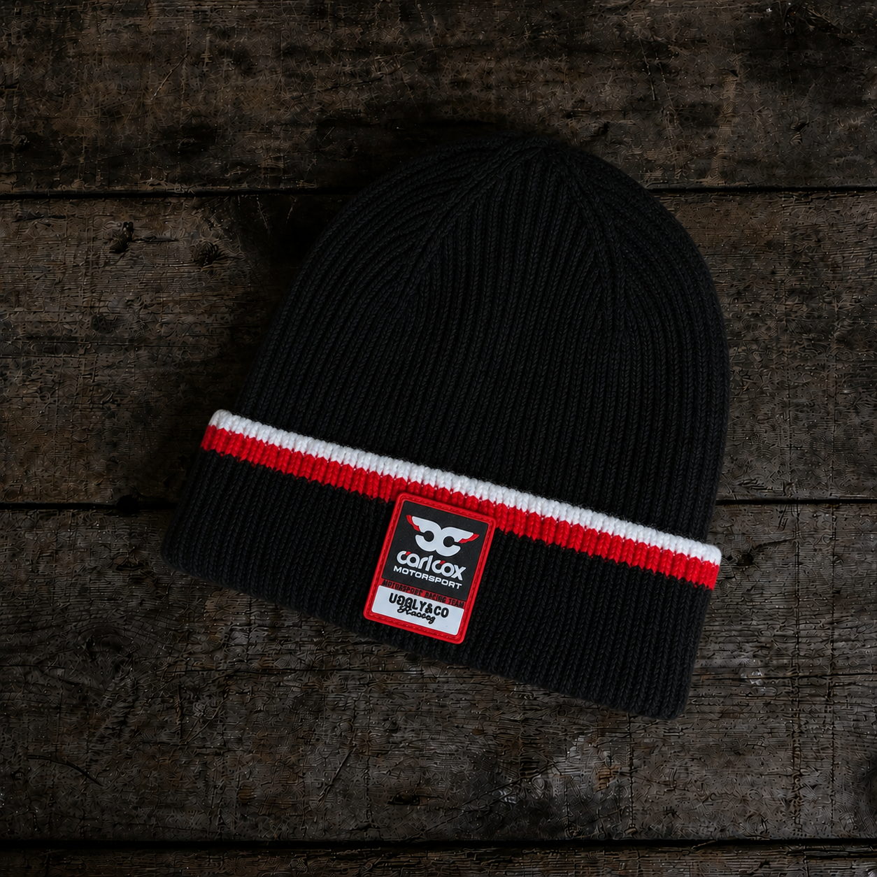 carl cox motorsport uggly&co racing collab beanie, black and red beanie