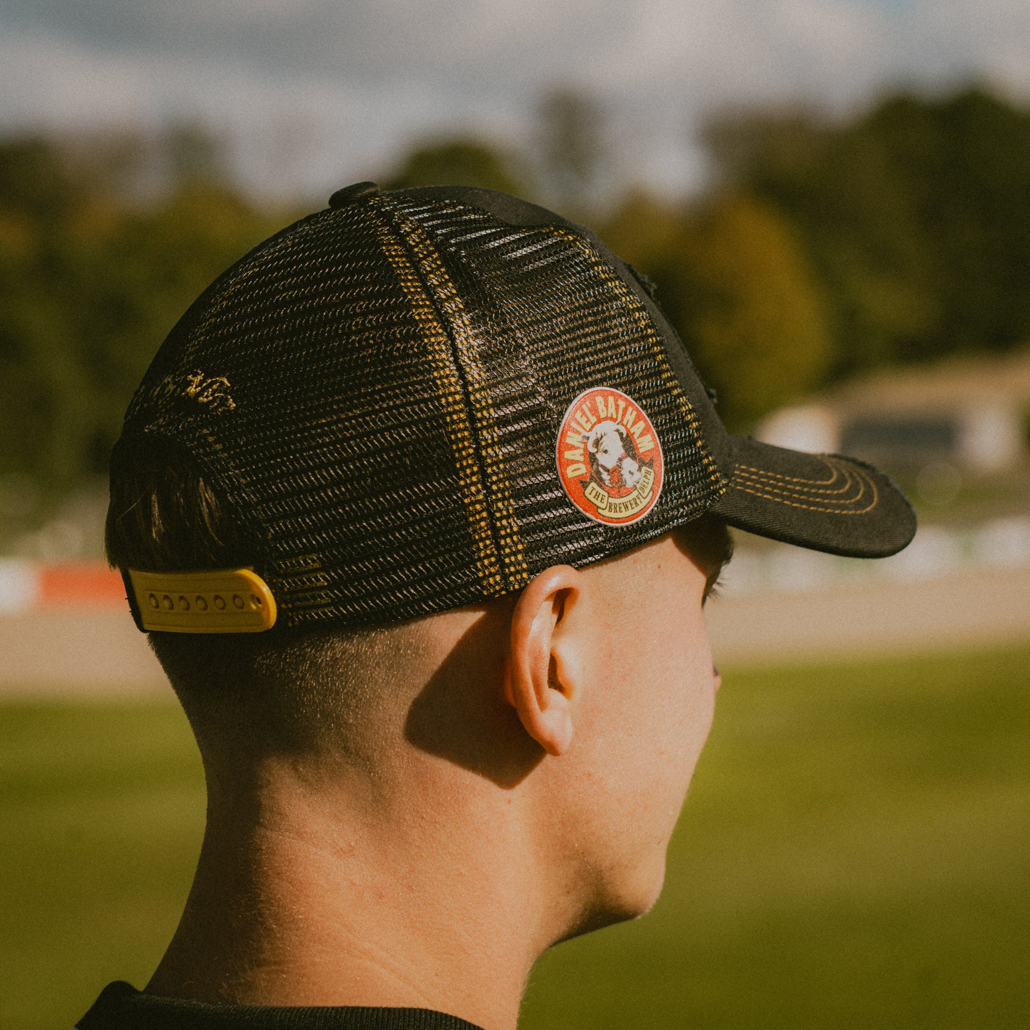 Close-up of the mesh back on the Bathams Racing Diamond Trucker Hat