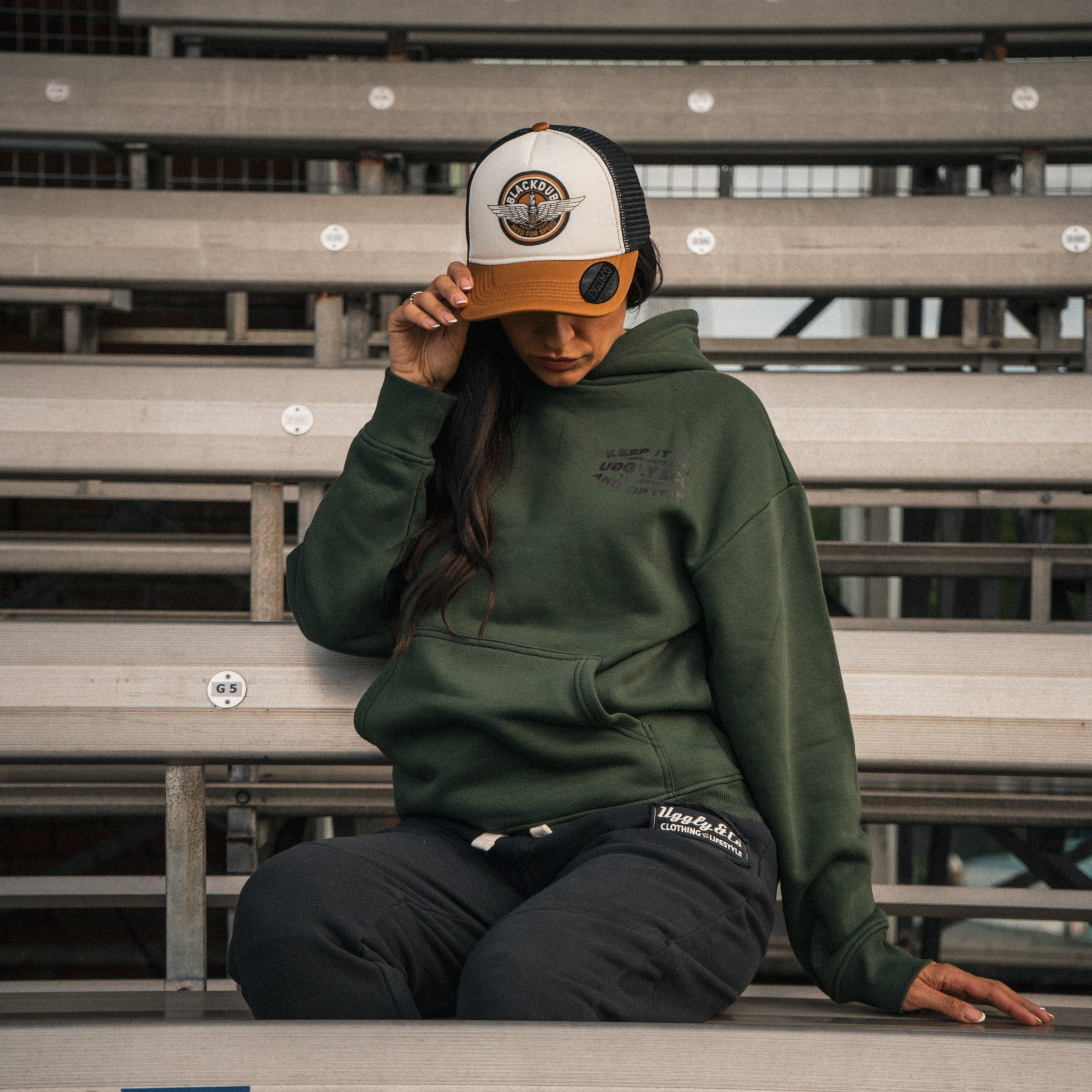 Female model styling the Vintage Asphalt Black Heavyweight Joggers