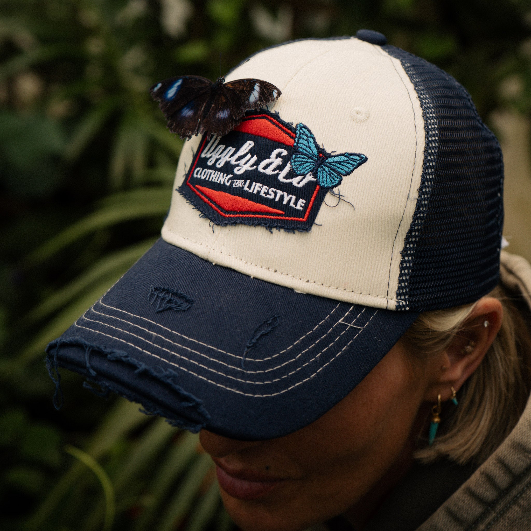 Close up of butterfly on hat