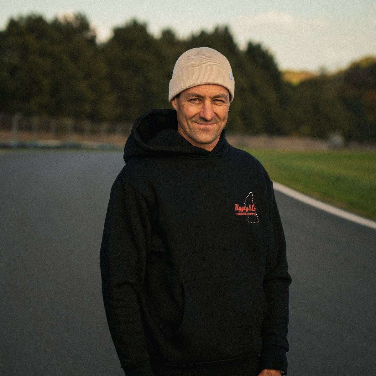 British Superbikes rider Josh Brookes wearing the Steve Day The Map hoodie at Donington Park.