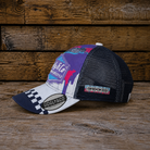 Side view of the Josh Brooks 80s Vintage Motocross Diamond Cap showing the mesh back, Brookes side patch and retro race-inspired colours.