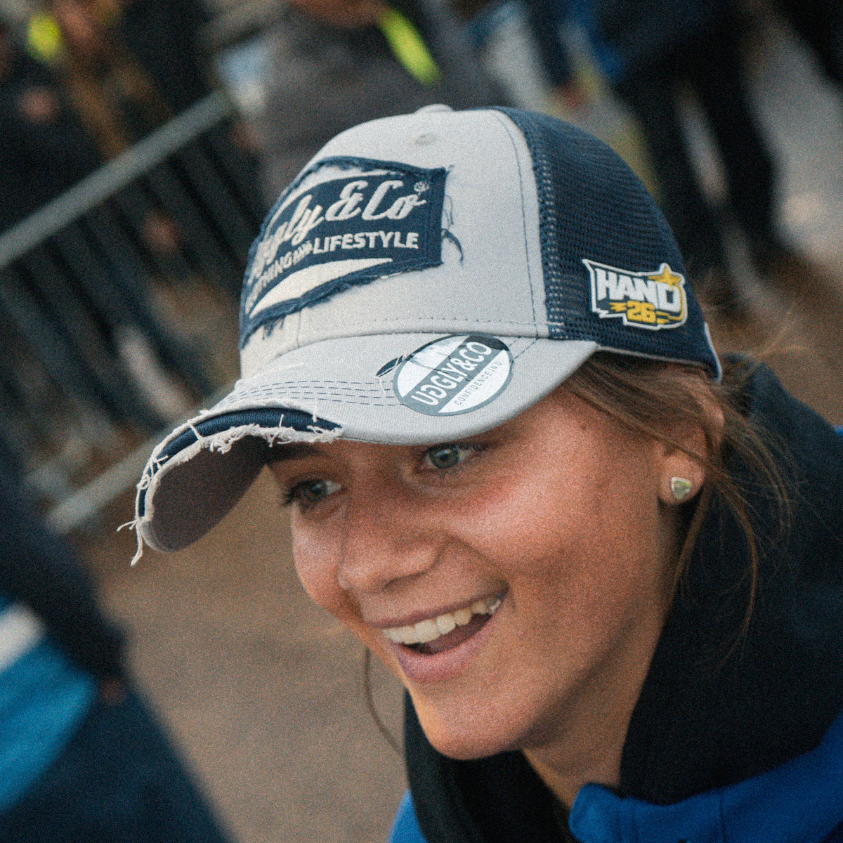 Motorcycle rider Katie Hand wearing her signature Uggly&Co Diamond Cap