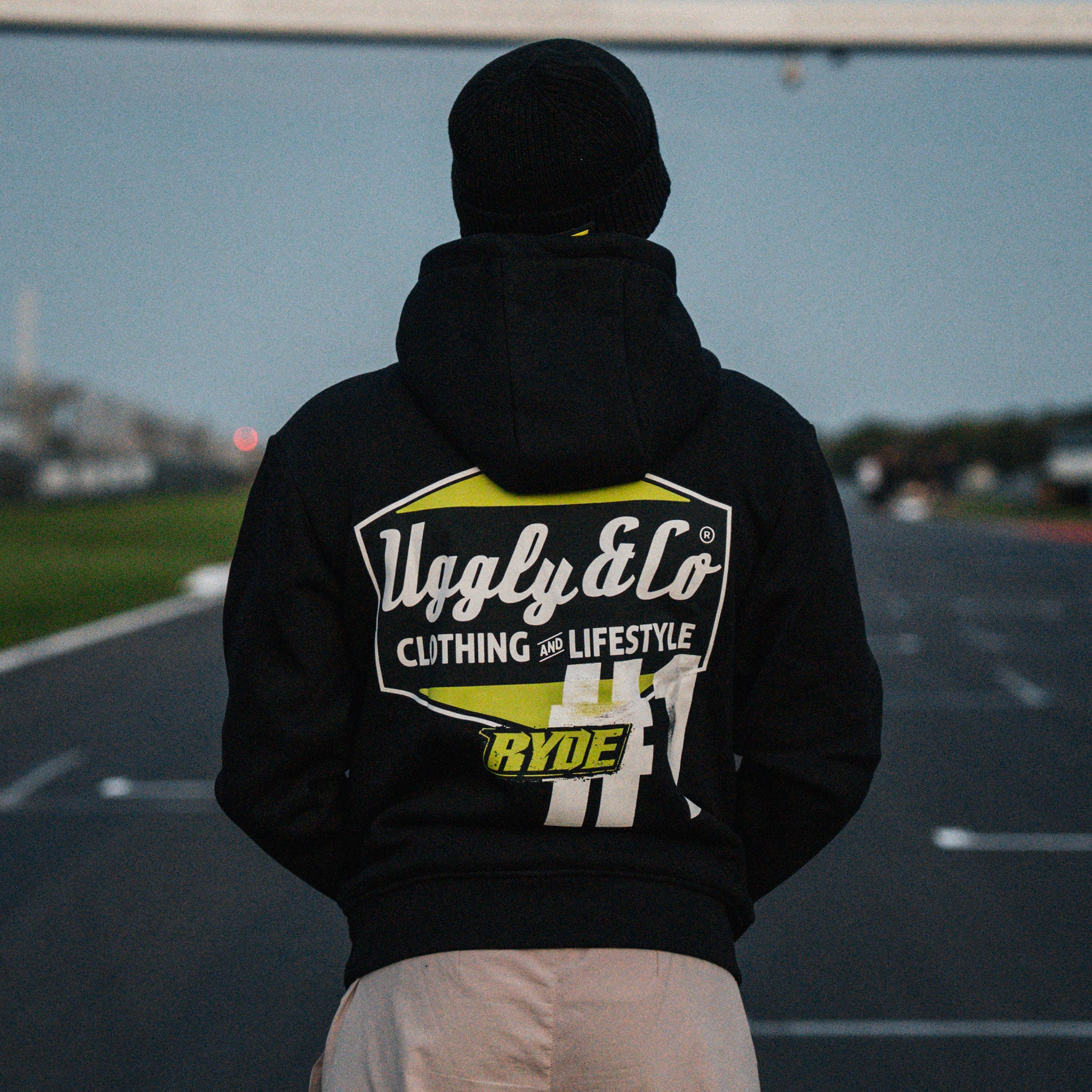 Kyle Ryde x Black Diamond Hoodie in a motorcycle lifestyle setting