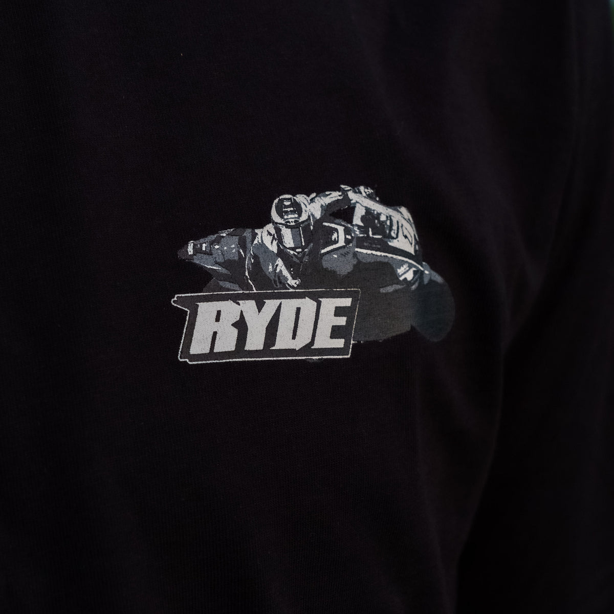 Close up detail of Kyle Ryde Black-Out Tee