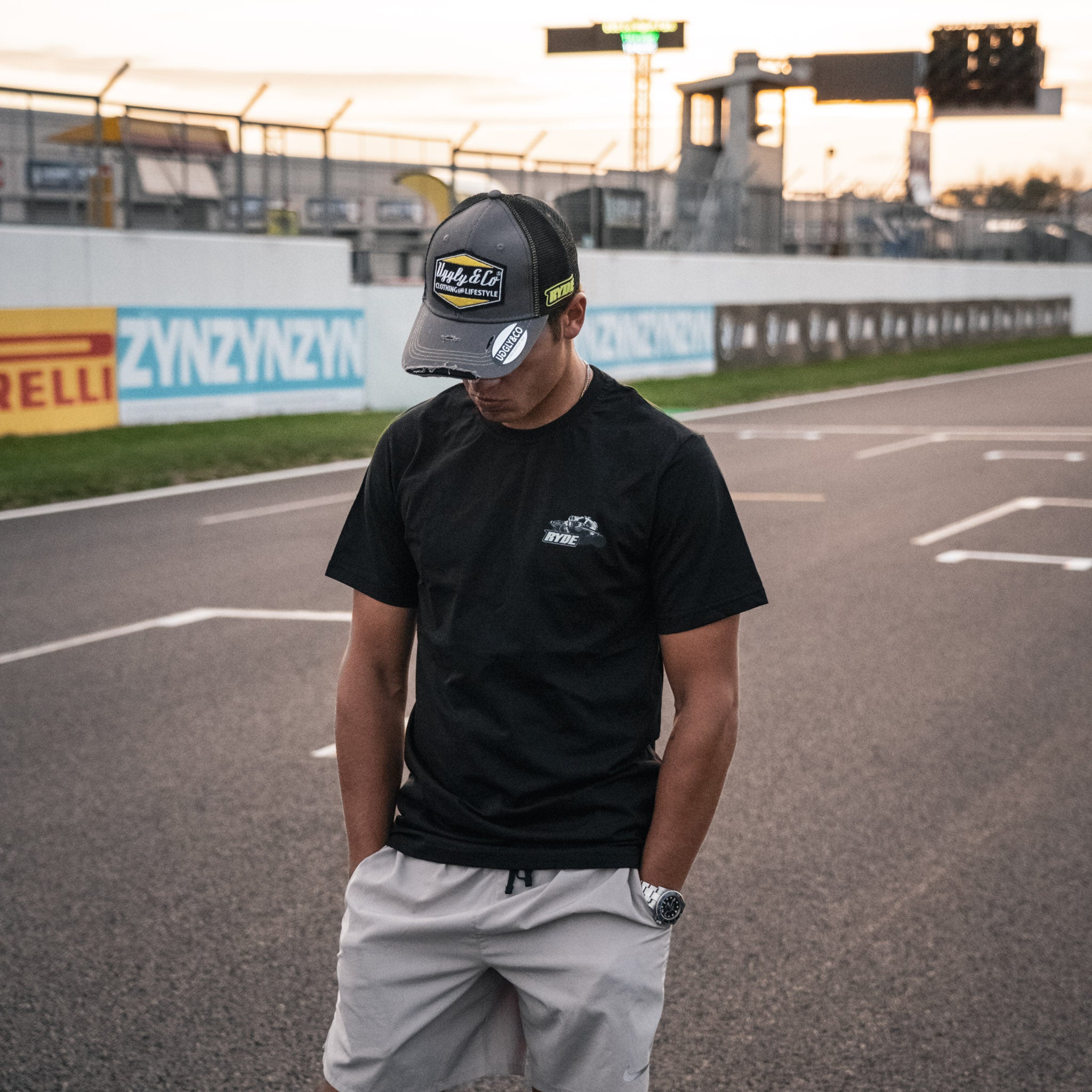 Kyle Ryde at doninton park wearing black uggly and co t shirt