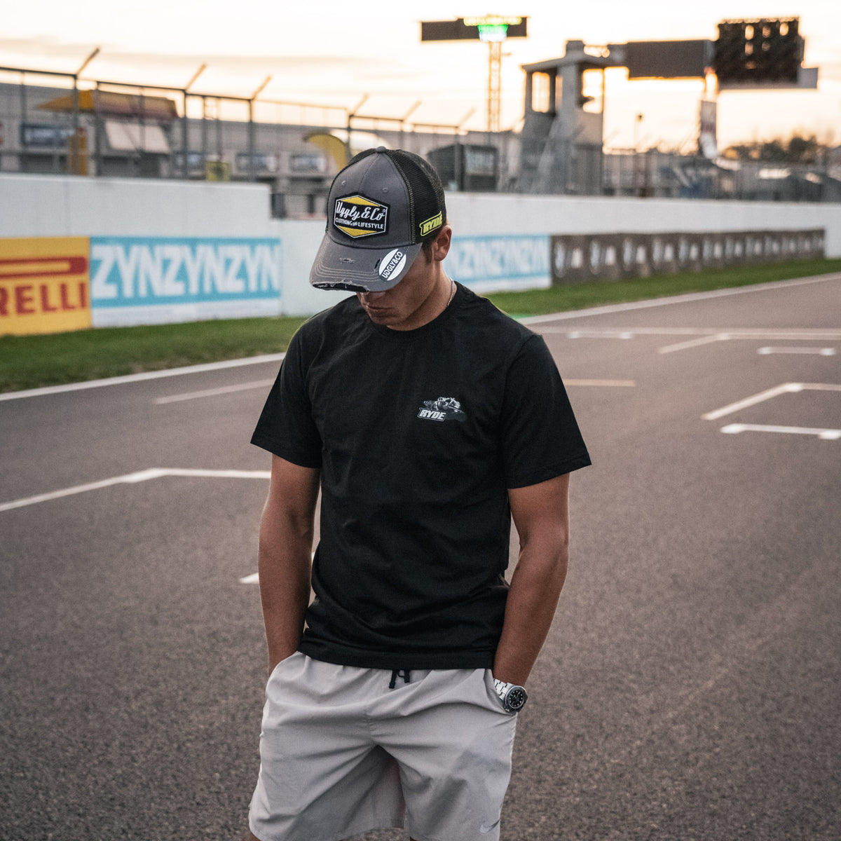 Kyle Ryde at doninton park wearing black uggly and co t shirt