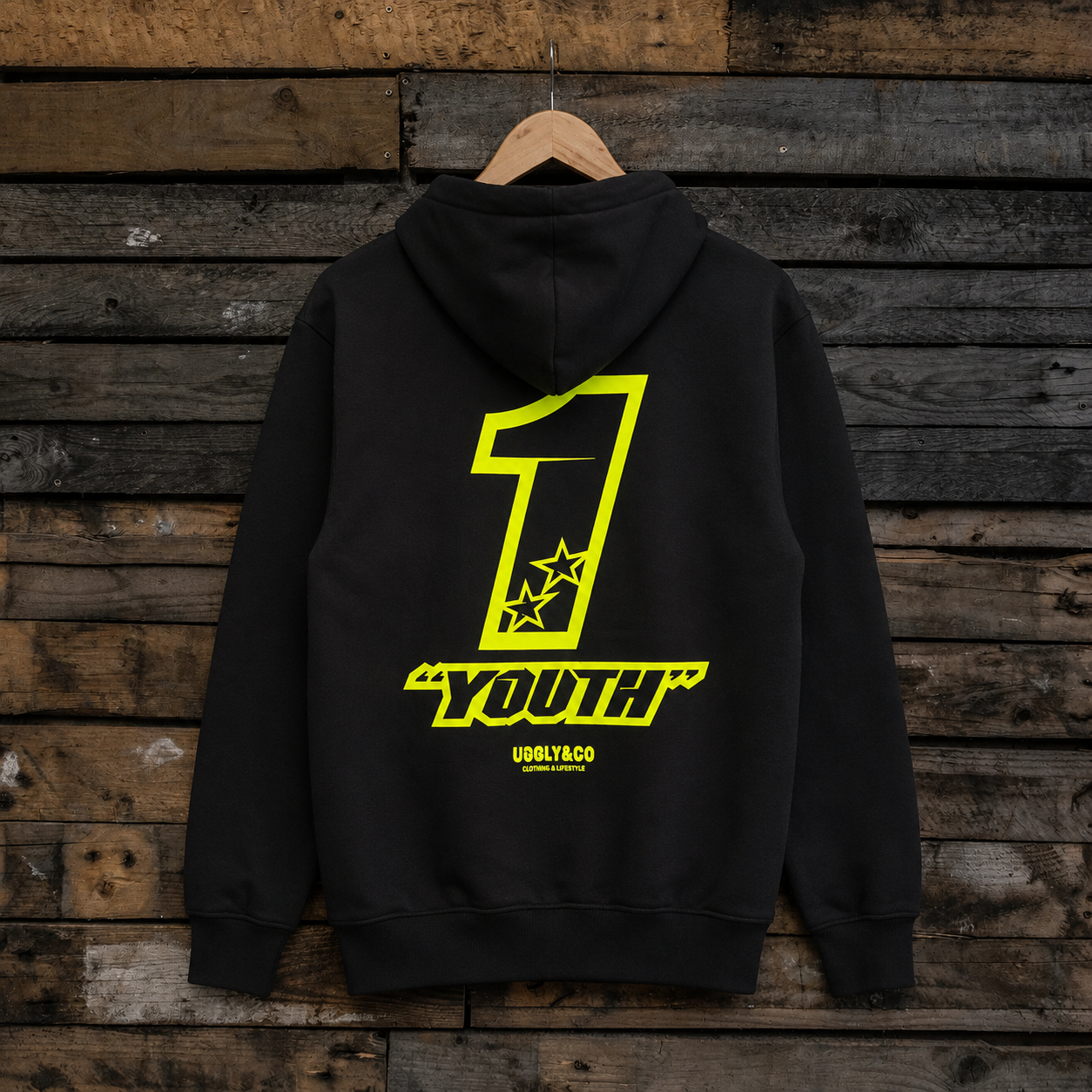 Back view of the black Kyle Ryde Core #1 Hoodie showing the rear Kyle Ryde Core #1 racing graphic.