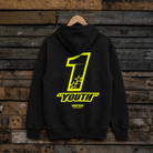 Back view of the black Kyle Ryde Core #1 Hoodie showing the rear Kyle Ryde Core #1 racing graphic.