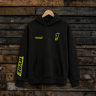Front view of the black Kyle Ryde Core #1 Hoodie featuring Kyle Ryde racing graphics and Uggly & Co branding.