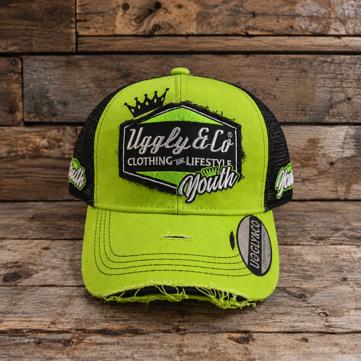 Front view of the limited edition Fluro Diamond Trucker Hat x Kyle Ryde #1: a fluro yellow cotton trucker cap with a diamond front patch and curved peak, official Kyle Ryde BSB merchandise.