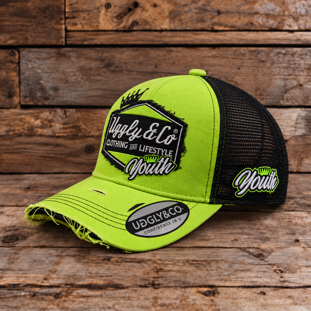 Side view of the Fluro Diamond Trucker Hat x Kyle Ryde #1, showing the fluro yellow crown, curved peak and adjustable back. Official Kyle Ryde merchandise.