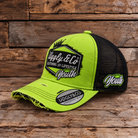 Side view of the Fluro Diamond Trucker Hat x Kyle Ryde #1, showing the fluro yellow crown, curved peak and adjustable back. Official Kyle Ryde merchandise.
