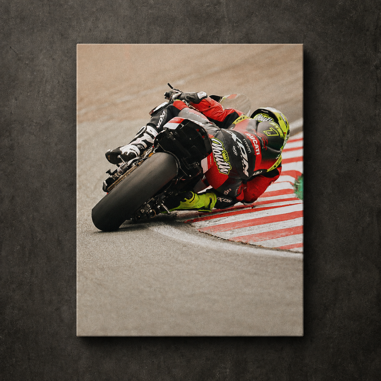 Kyle Ryde leaned over through a wet corner during a British Superbike race, shown as canvas wall art.