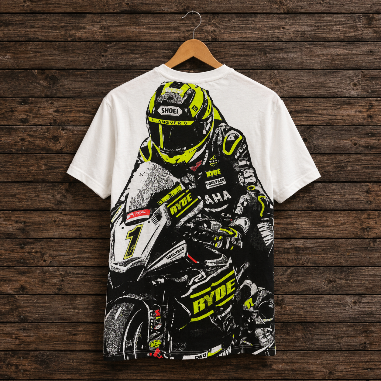 Back view of the Kyle Ryde white graphic T-shirt featuring a bold motorsport-inspired print