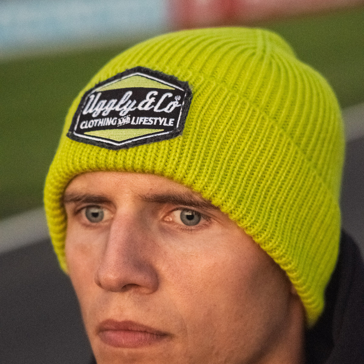 Yellow Kyle Ryde Beanie in a motorcycle lifestyle setting