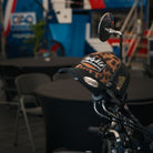 leopard print cap on a motorbike, lifestyle photo