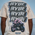 low angle photo of back graphic on Kyle Ryde glitch tee