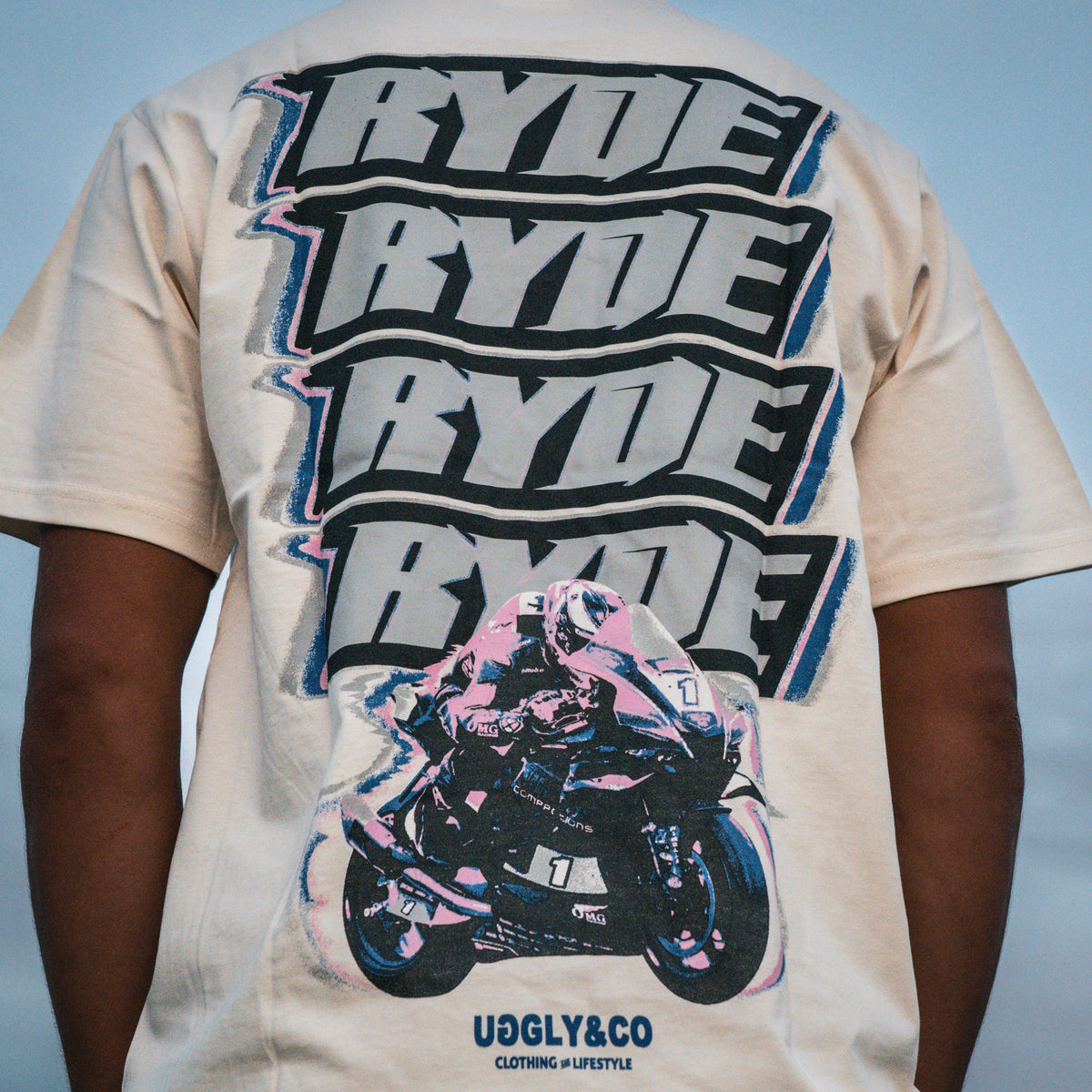 low angle photo of back graphic on Kyle Ryde glitch tee