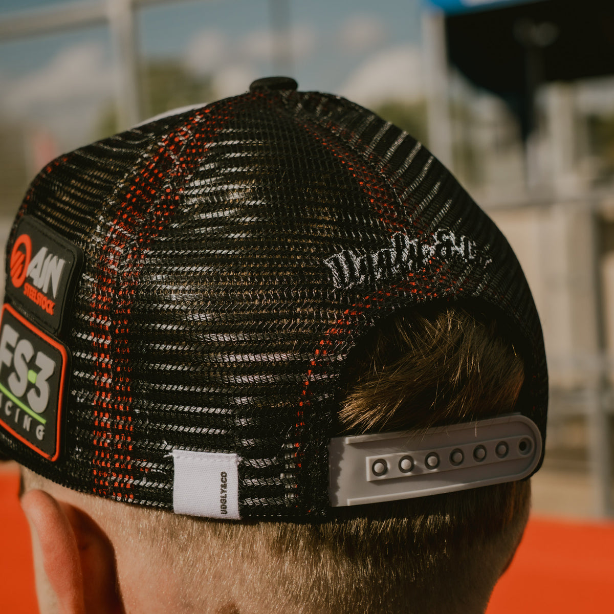 Close-up of the peak on the FS-3 Superbike Racing Trucker Hat worn by Max Cook