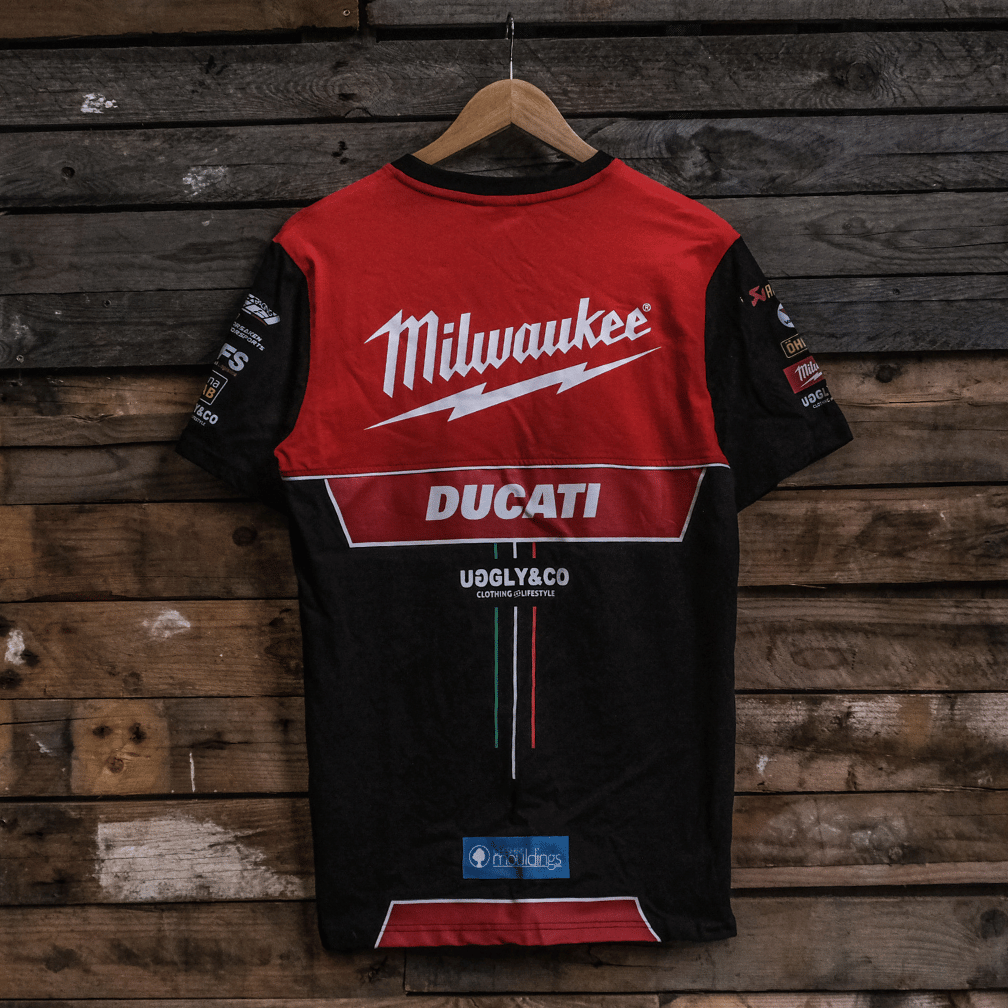 Red and black shirt with Milwaukee and Ducati logos