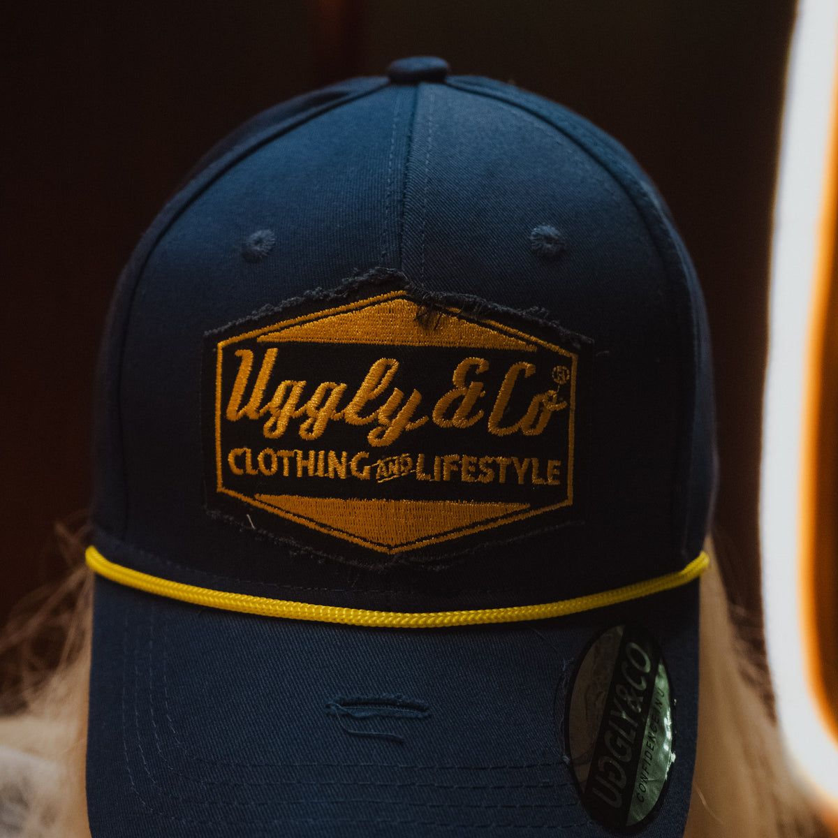 close up shot of Navy Blue & Yellow Rope Diamond Baseball Cap