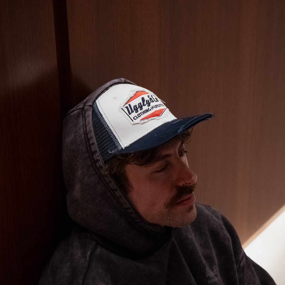 Navy Blue & White Diamond Trucker Hat worn by Wendigo