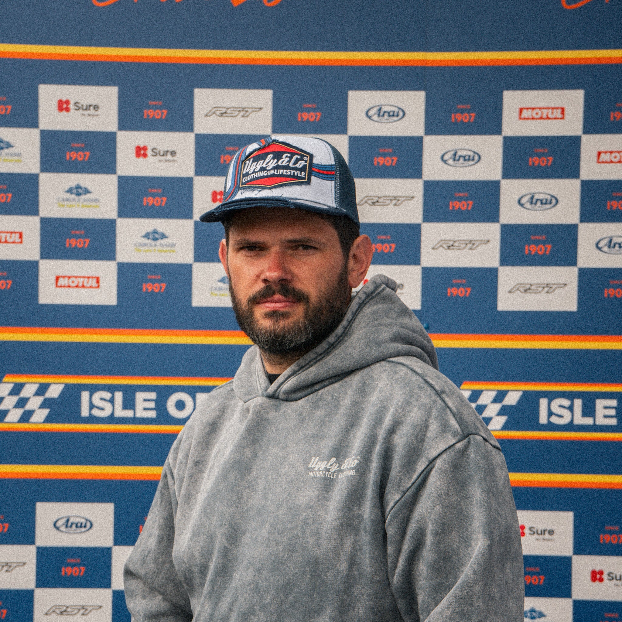 Retro Blue & Red Diamond Trucker Hat worn by Shaun Anderson