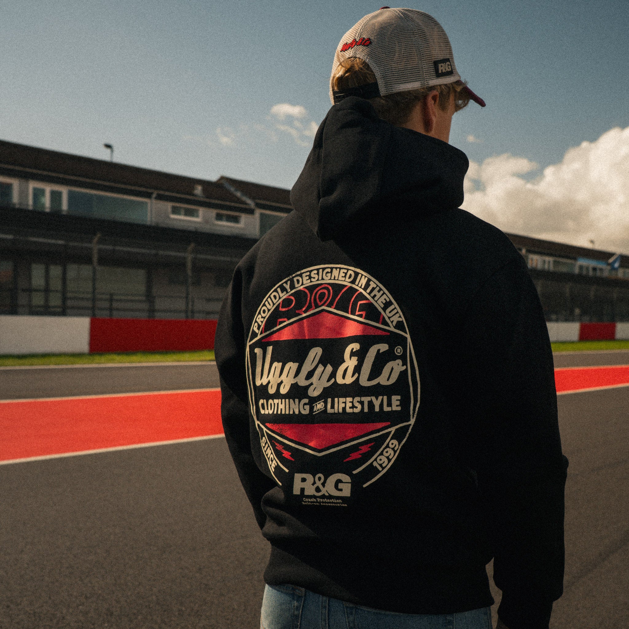 Three-quarter view of the R&G Crash Protection x Diamond Hoodie
